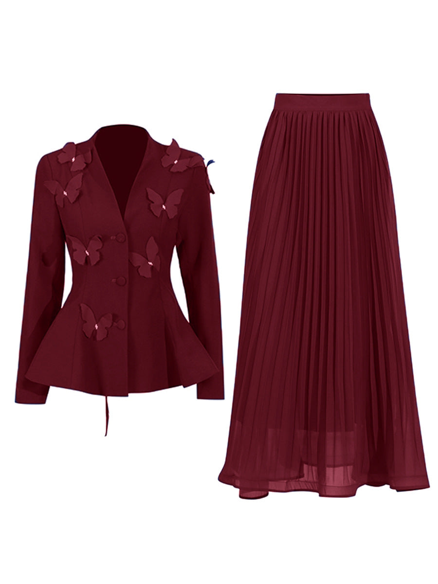 Women Elegant Butterfly Blazer Jacket + Pleated Skirt Two-piece Set 9