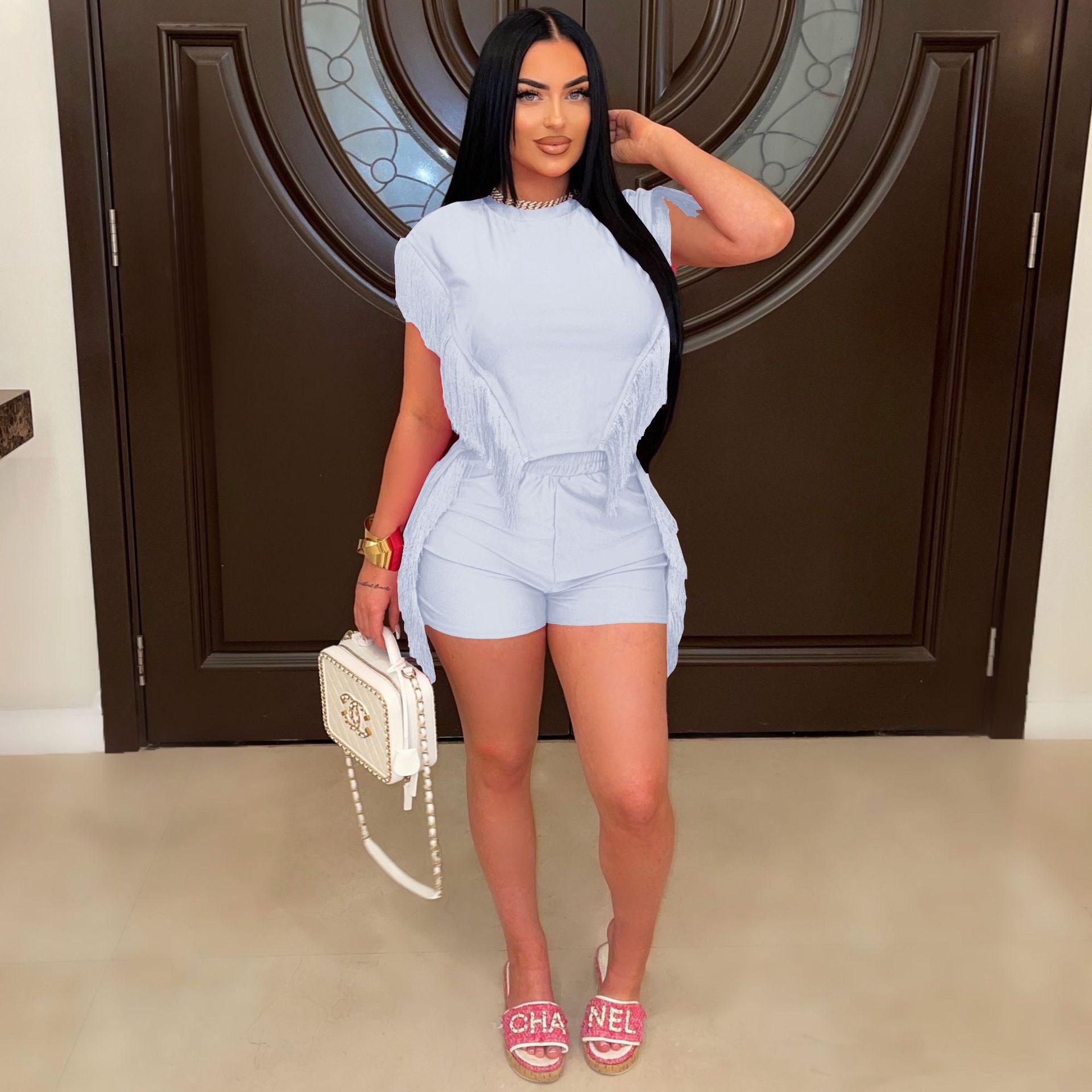 Women Short Sleeve Top and Tassel Pants Two-piece Set 4