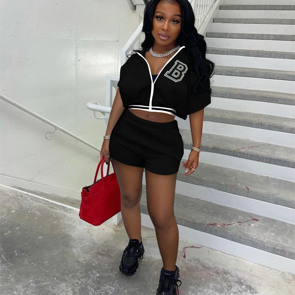 Women Summer Solid Zipper Print Top and Shorts Casual Two-piece Set 3