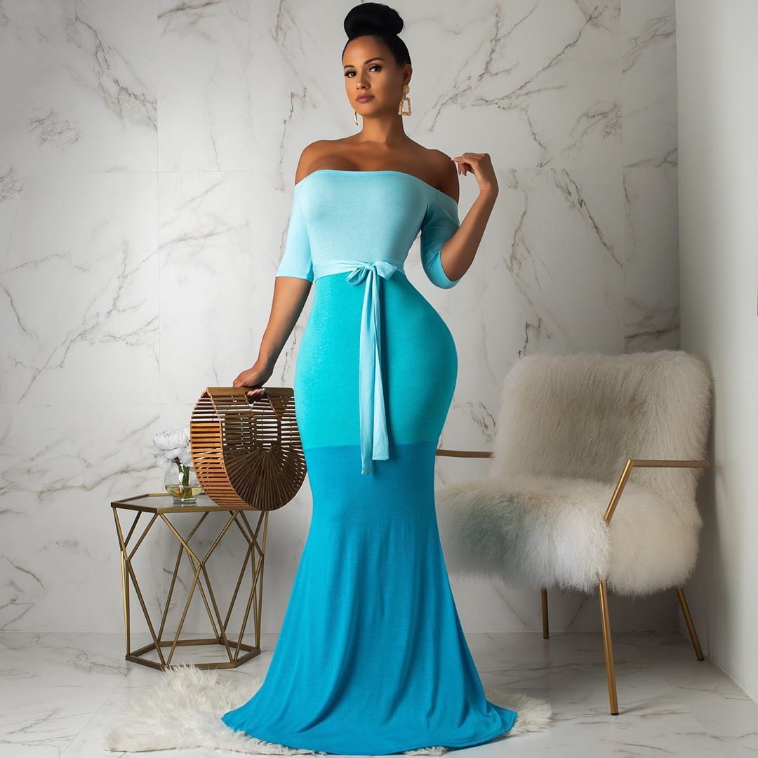 Women's Sexy Fashionable Off Shoulder Three-Color Patchwork Mermaid Maxi Dress 12