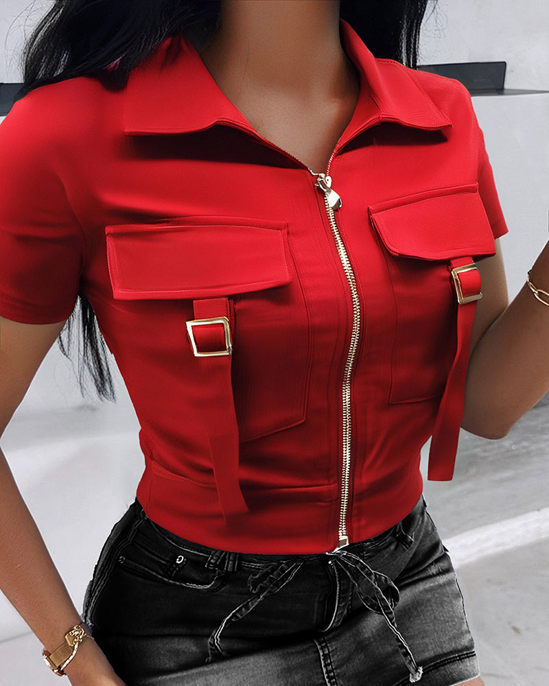 Women's Red Short-sleeved Casual Patch Pocket Turndown Collar Shirt Top