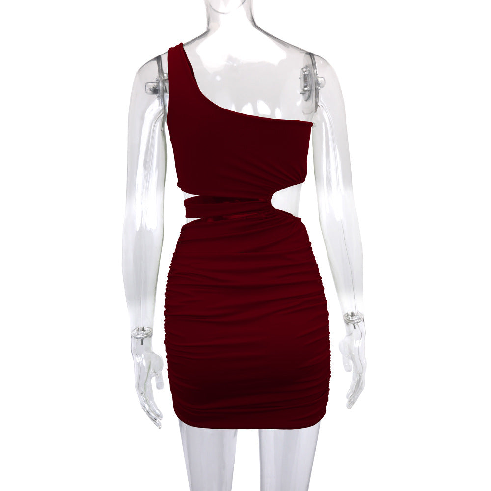 Women One Shoulder Short Skirt Hollow Bodycon Dress 22