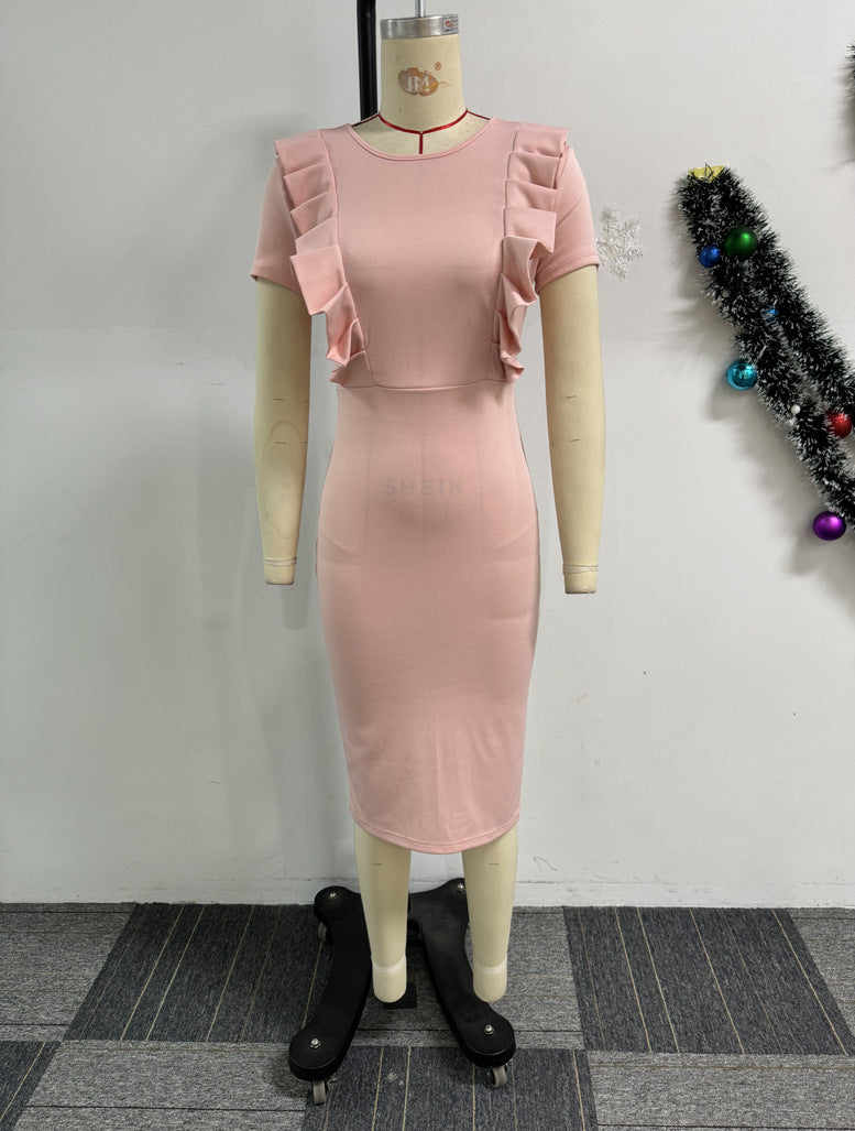 Elegant Career elastic pleated lace slim back slit Bodycon dress 5