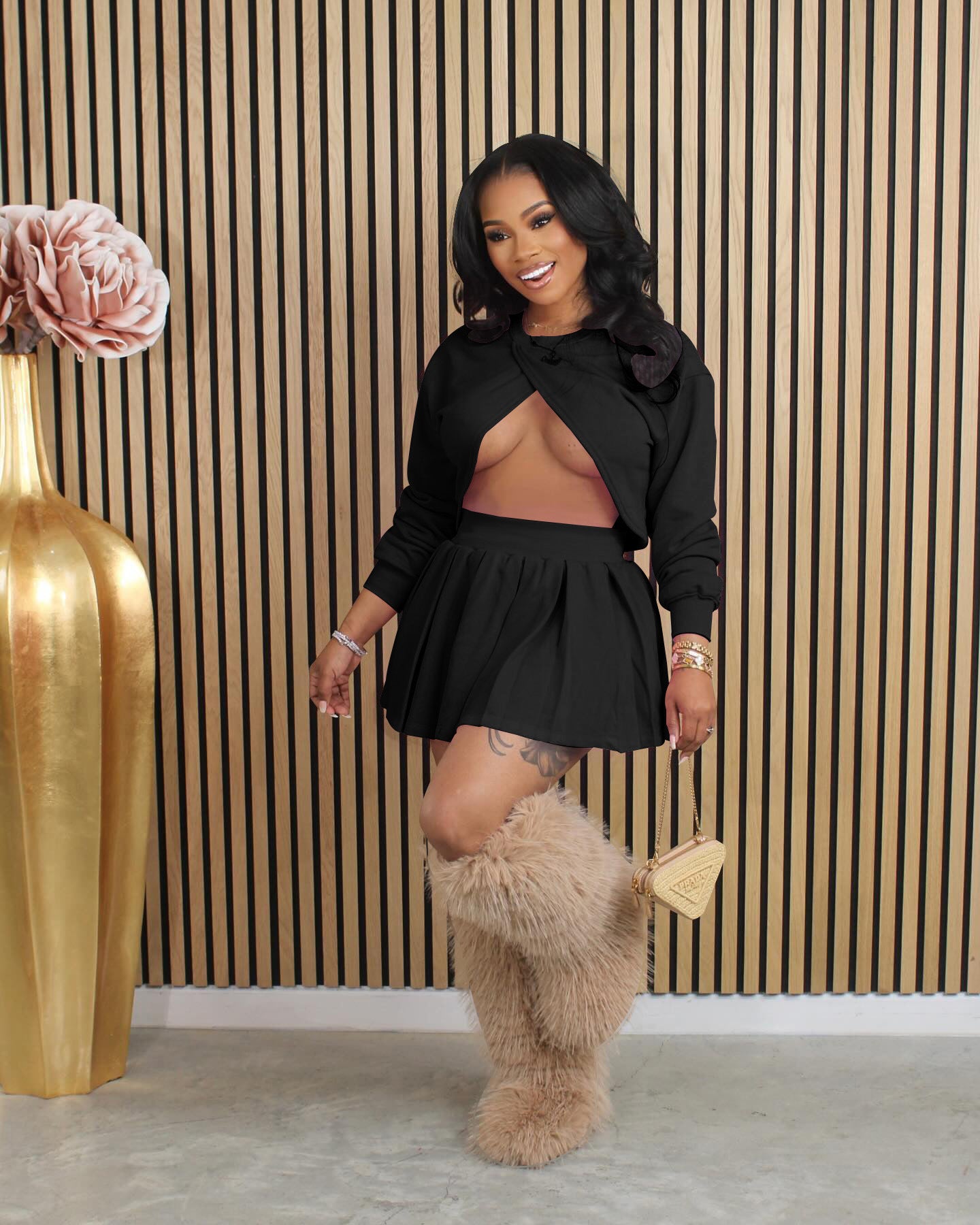 Women's Summer Low Back Top Pleated Skirt Two-Piece Set 4