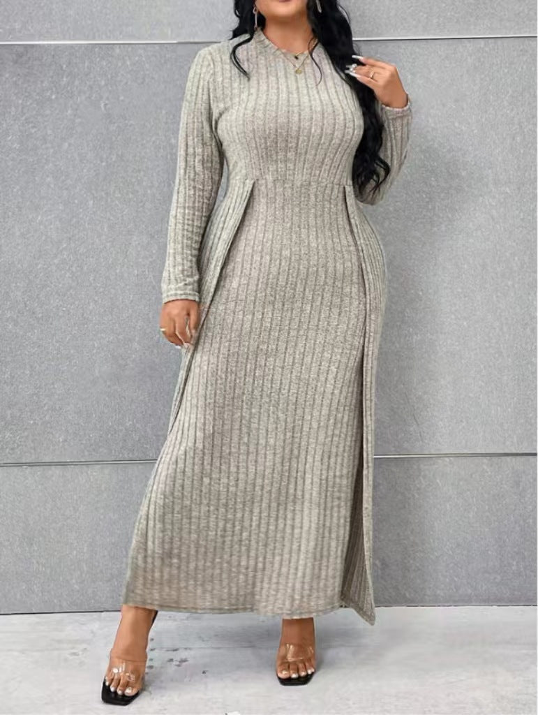 Autumn And Winter Long Sleeve Round Neck Slit Knitting Solid Color Plus Size Dress 4