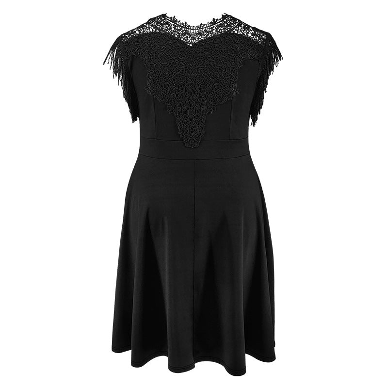 Plus Size Women Lace Round Neck Tassel Elegant Dress 5