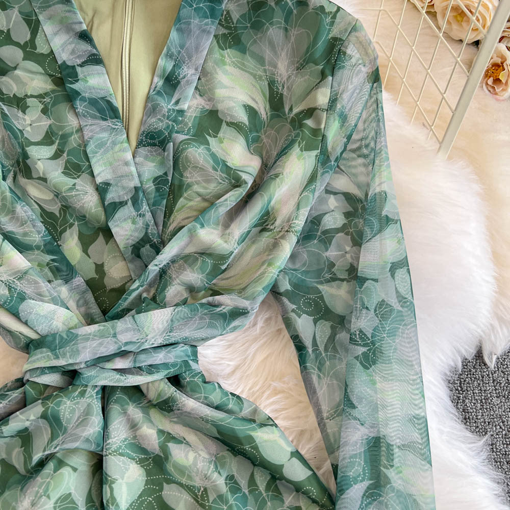 Women French Style Long-Sleeved V-Neck Lace-Up Maxi Print Bodycon Dress 14