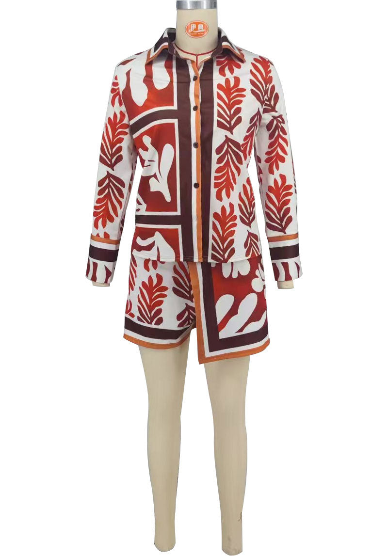 Women Casual Printed Long Sleeve Top and Shorts Two-piece Set 5