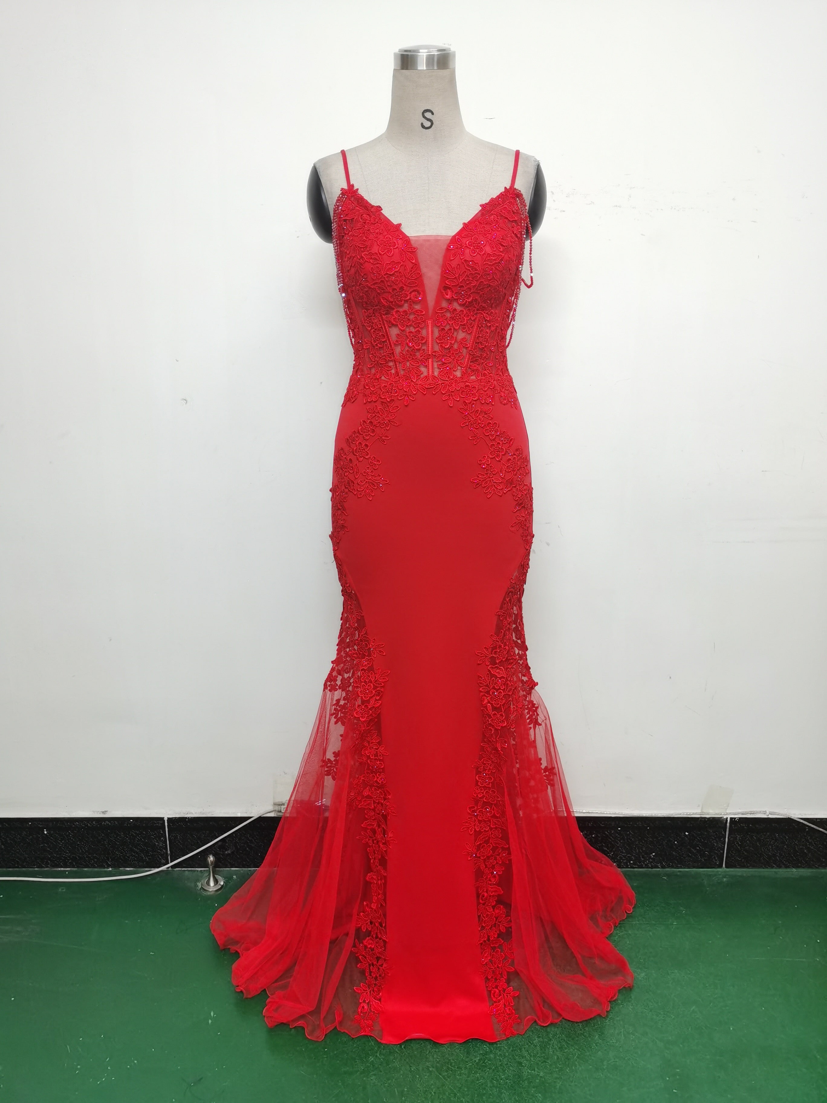 Sexy Strap Rhinestone Chain Fishbone Lace Evening Dress 37