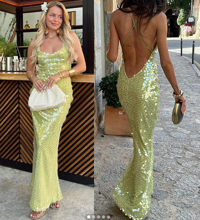 Fashion straps slim sequins Low Back long sexy cross 12