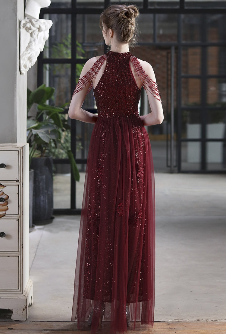Summer Occassional Red Sequin Mesh Patch Halter Evening Dress
