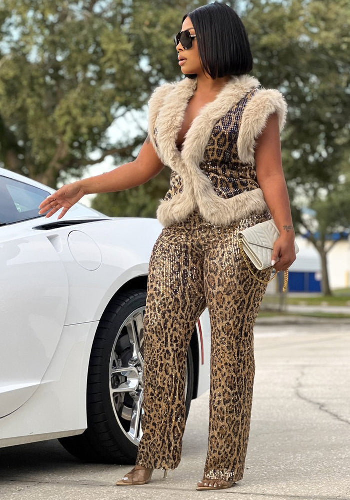 Women's Casual fashion leopard print sequins fur sleeveless top slim trousers two-piece set