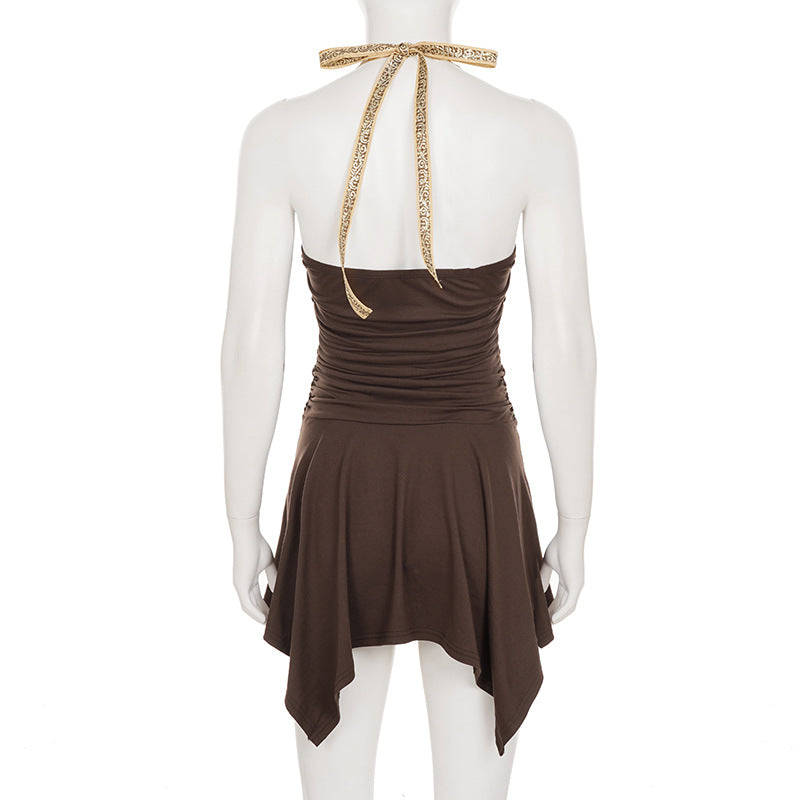 Women American-Style V-Neck Ethnic Ribbon Contrast Color Patchwork irregular pleated Halter Neck dress 11