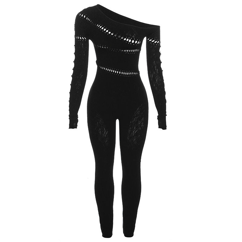 Women Sexy Hollow Knitting Jacquard High Waist Long Sleeve Jumpsuit 7