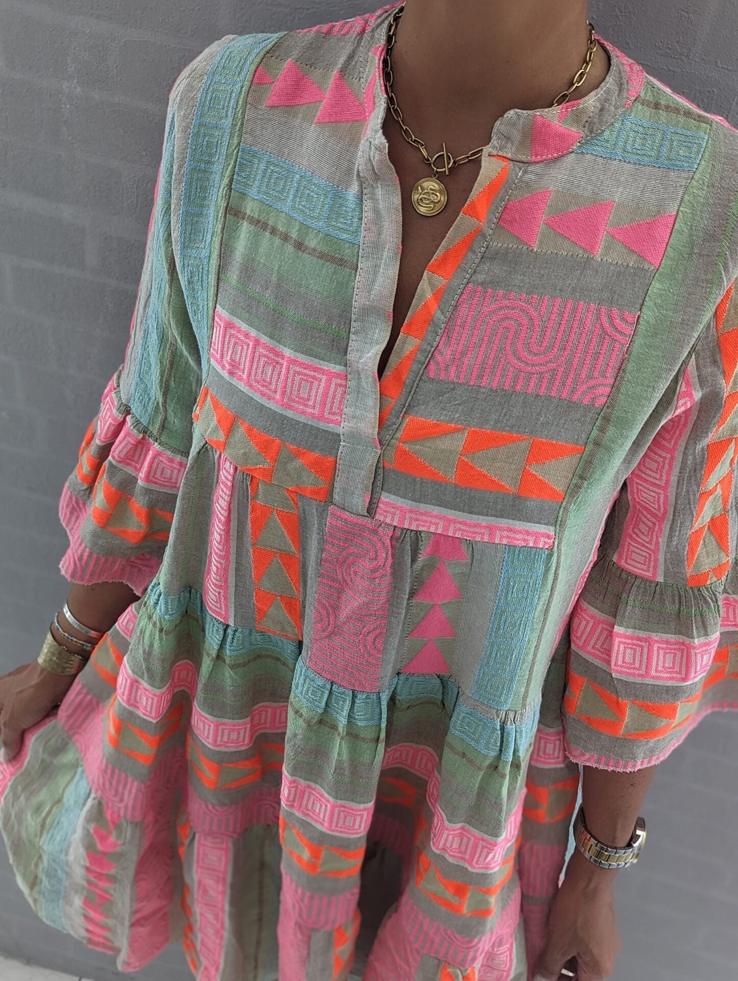 Women's Autumn Printed V-Neck Three-Quarter Sleeve Casual Dress 9