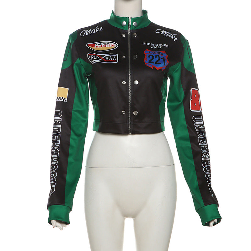 Women autumn and winter sexy American retro printed long-sleeved Crop baseball jacket 12