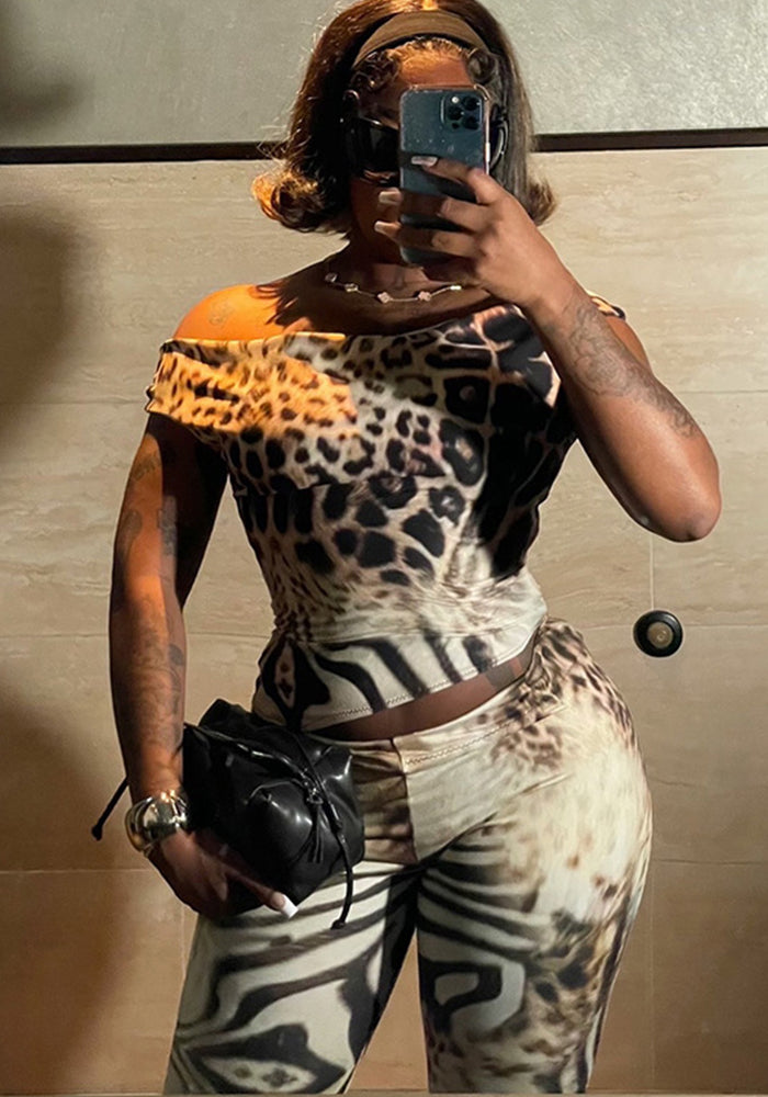 Women Spring/Summer Off Shoulder Print Two Piece Set