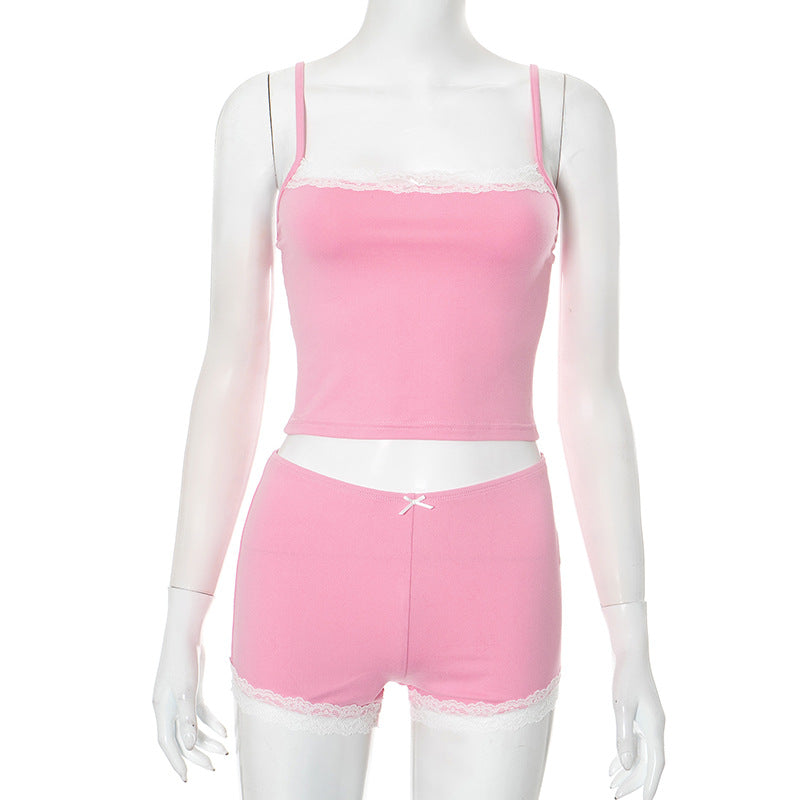 Women Spring and Summer Suspender Lace Bow Lace Crop Top and Shorts Two-Piece Set 5