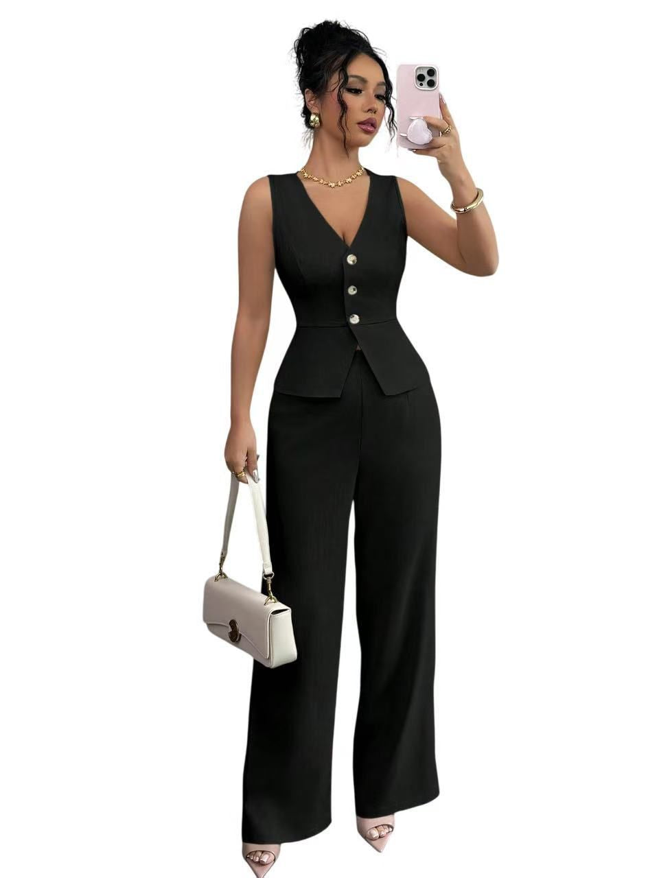 Summer Solid V-Neck Sleeveless Slim Vest High-Waist Trousers Two-Piece Set 3