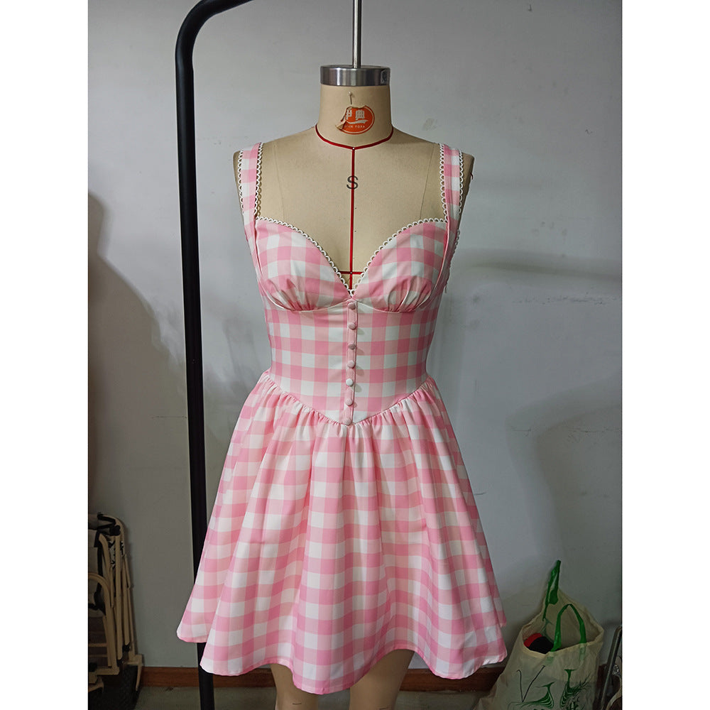 Spring Summer women's fashion sweet plaid sexy Low Back Casual Strap Dress 8