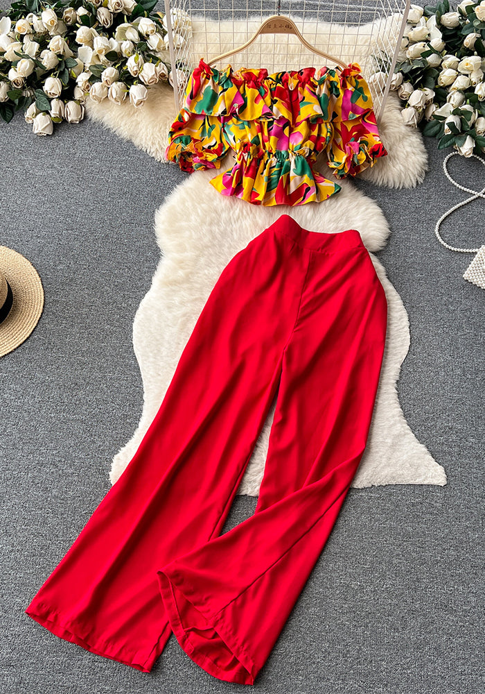 Women French Off Shoulder Ruffled Floral Blouse and Wide Leg Pants Two-Piece Set