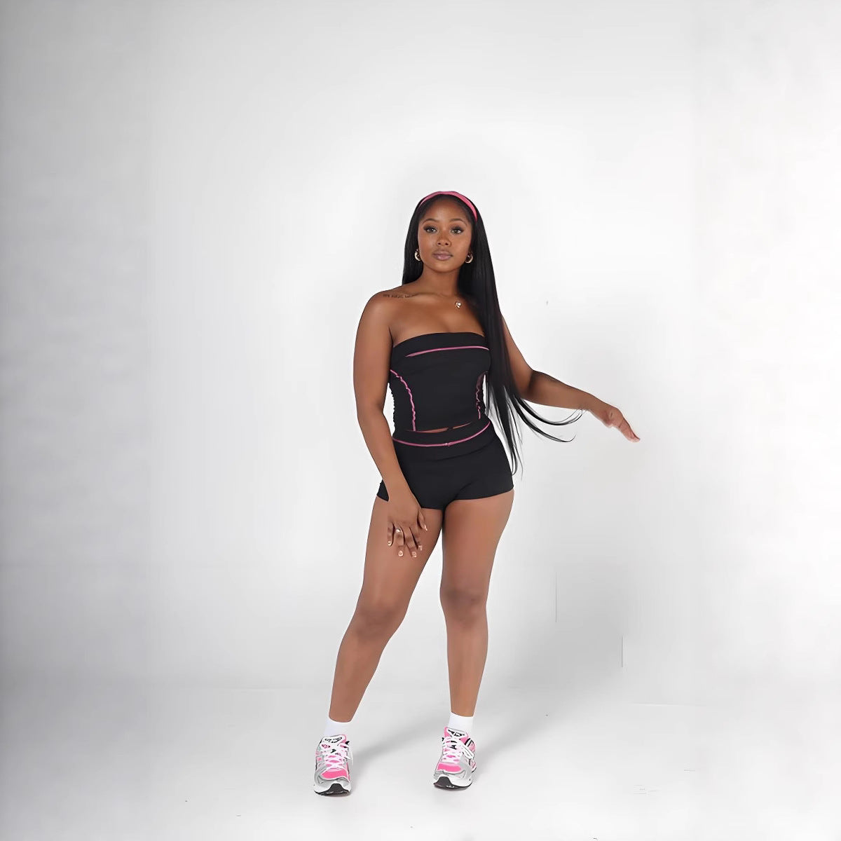 Women Contrast Strapless Top and Shorts Sports Fitness Yoga Two-piece Set