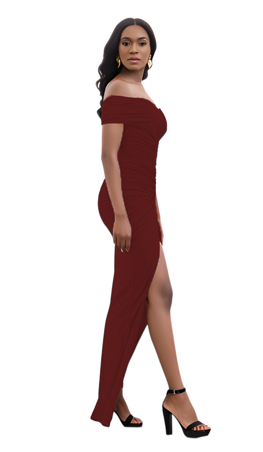 Solid Color Off Shoulder Slit Long Dress 10