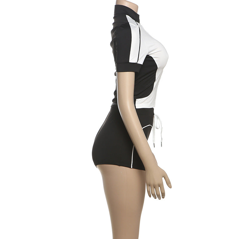 Fashionable Stand Collar Slim Fit Fitness Top & Shorts for Casual Sports Set 12