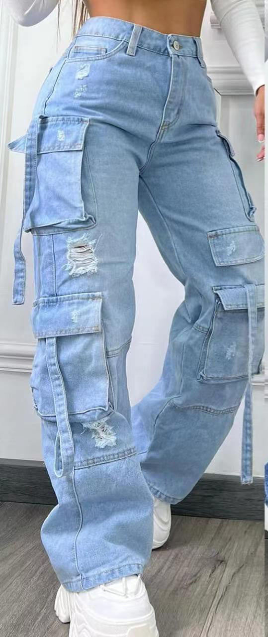 Fashion Solid Color Plus Size High Waist Multi-Pocket Casual Cargo Denim Pants 3