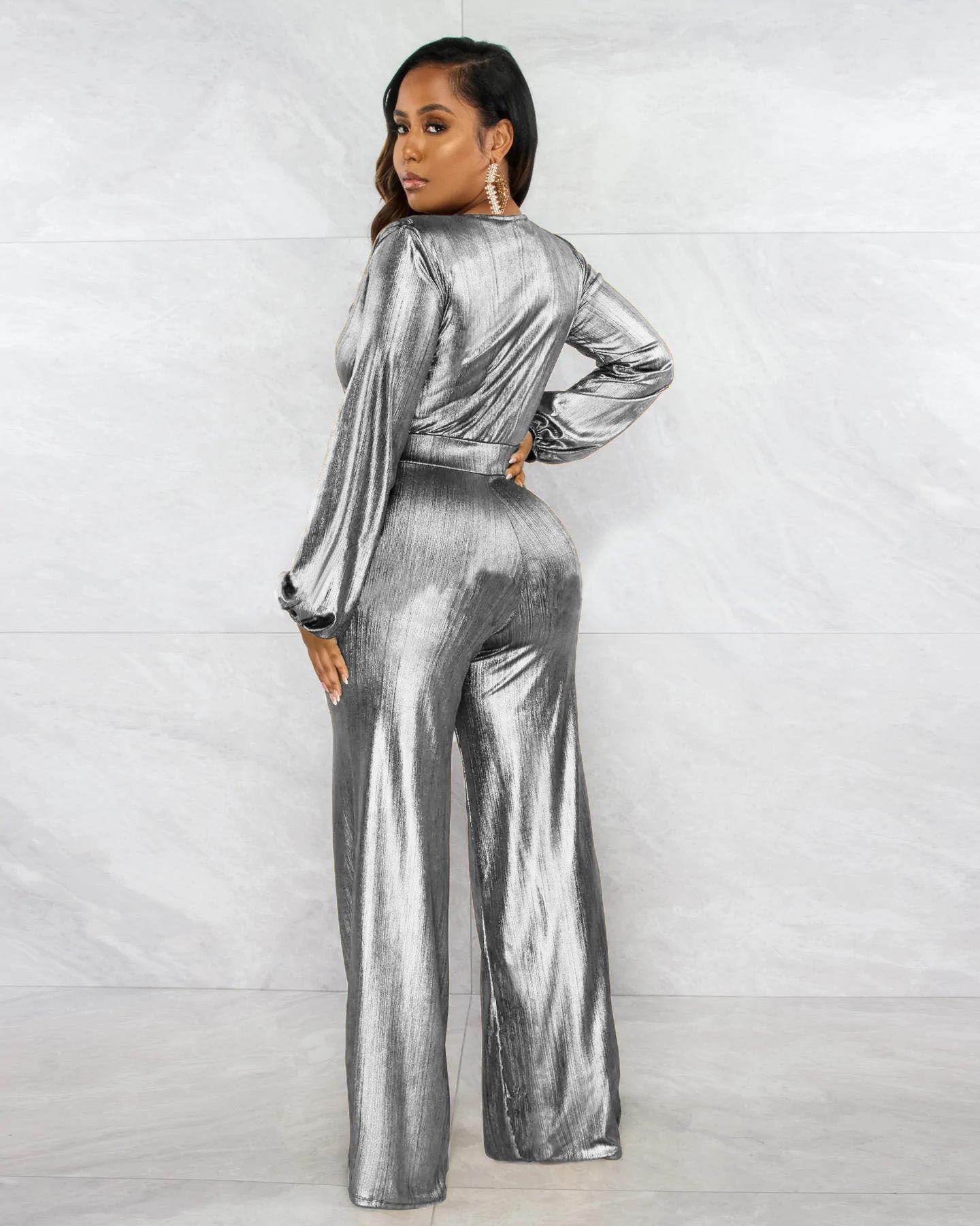 Sexy V Neck Shiny Long Sleeve Ladies Jumpsuit 9