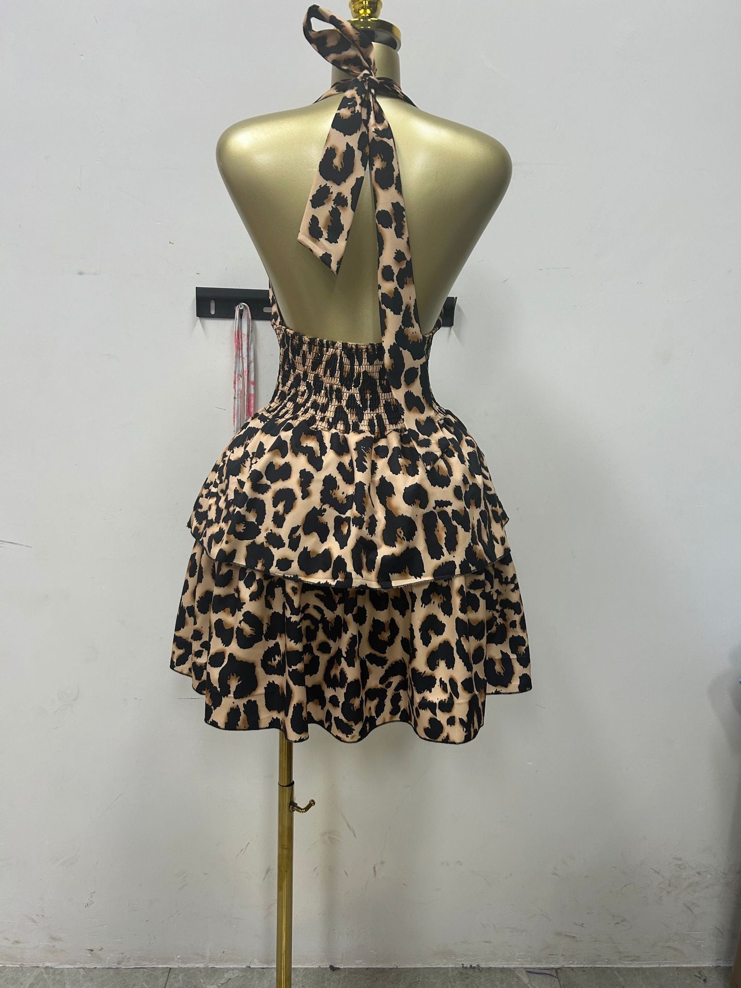 Women Summer Sleeveless Halter Neck Leopard Pleated Puffy Mini Dress 8
