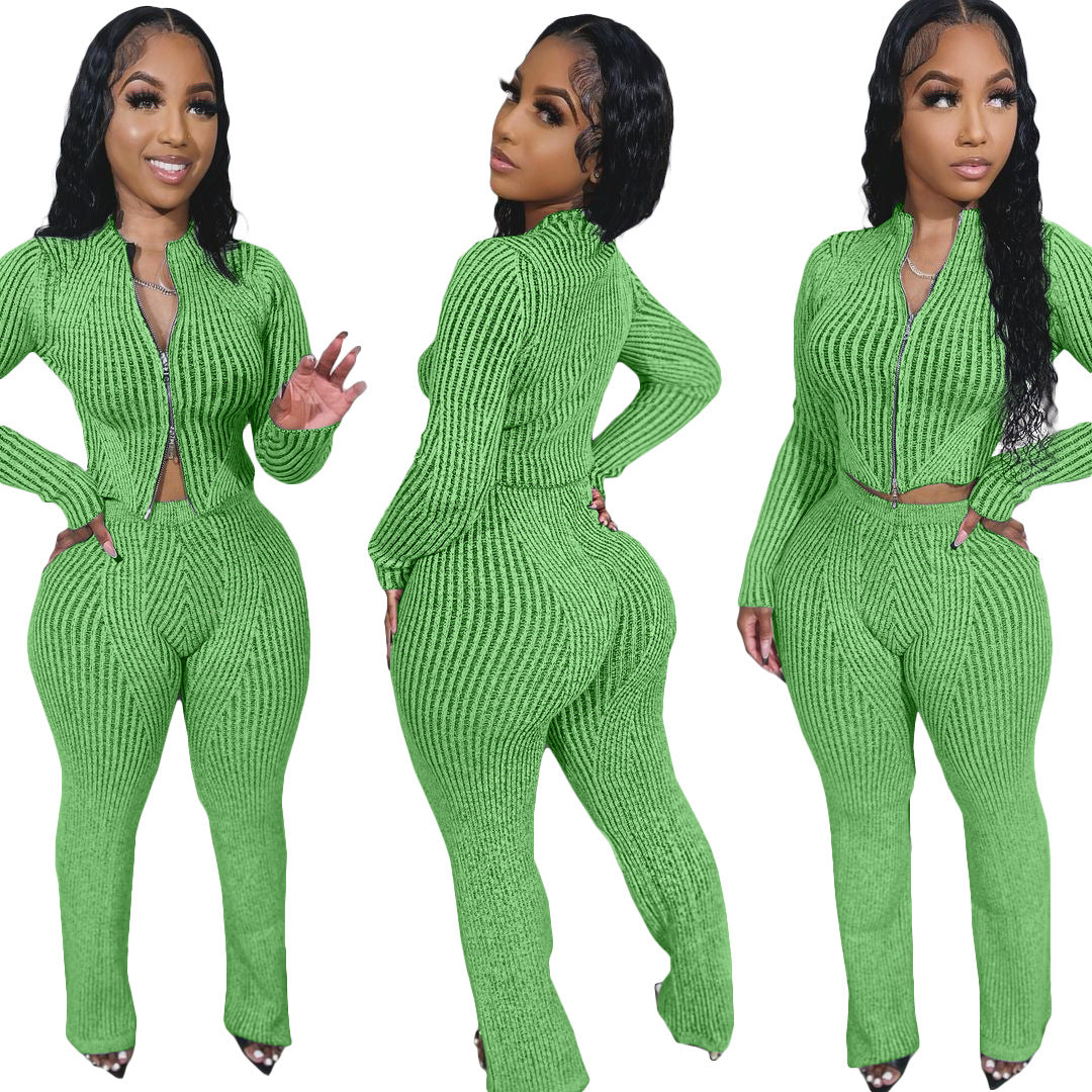 Women Knitting Sweater Two-way Zipper Top and Pants Casual Two-piece Set 9