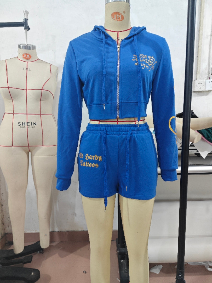 Trendy Printed Long-Sleeved Hoodies Shorts Two Piece Set 7