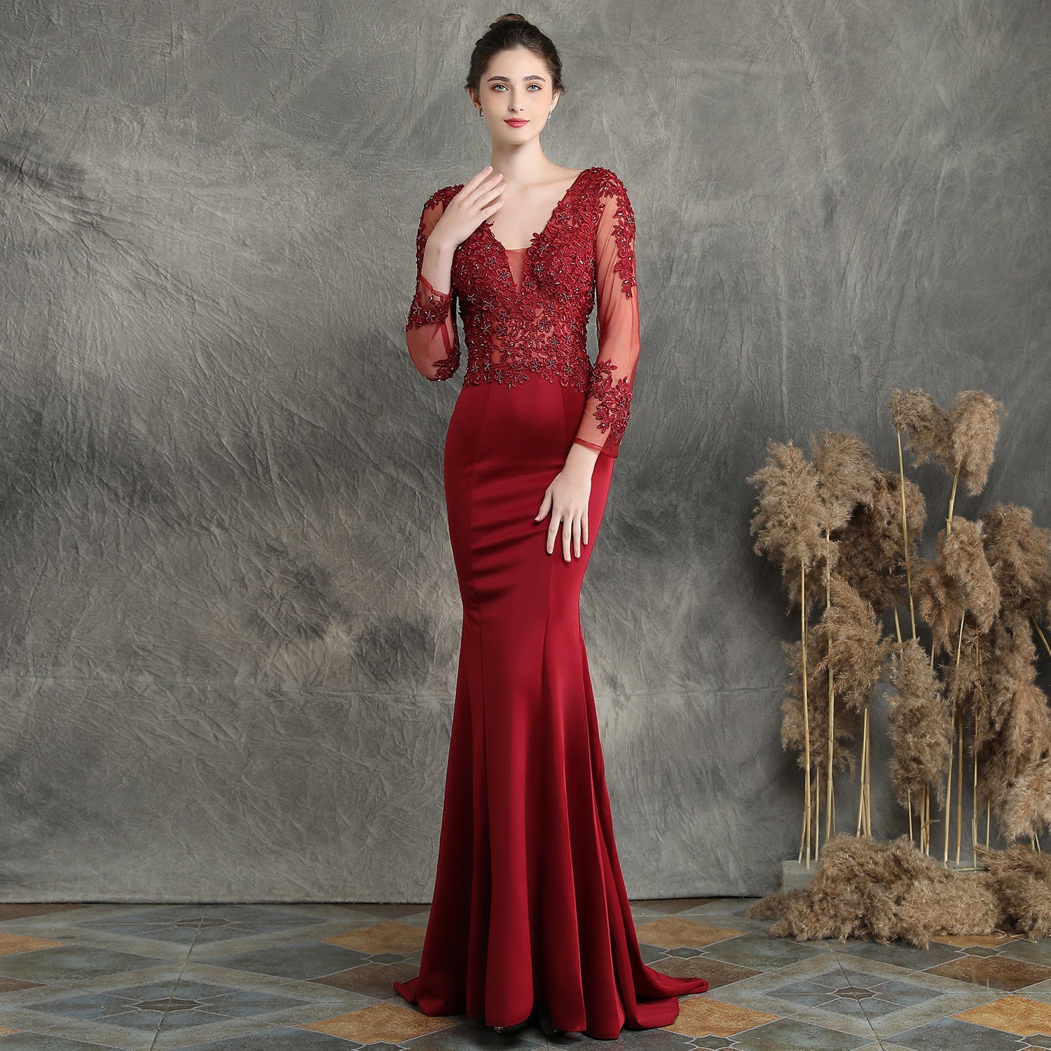 Women Beaded Long Sleeve Fishtail Evening Dress 15