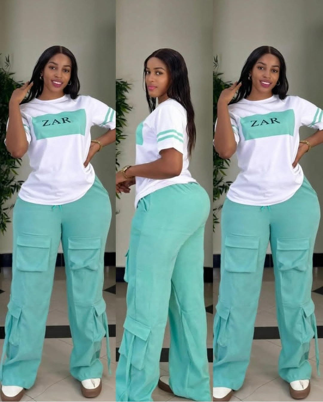 Women Casual Printed Short-sleeved Top and Cargo Pants Two-piece Set 5