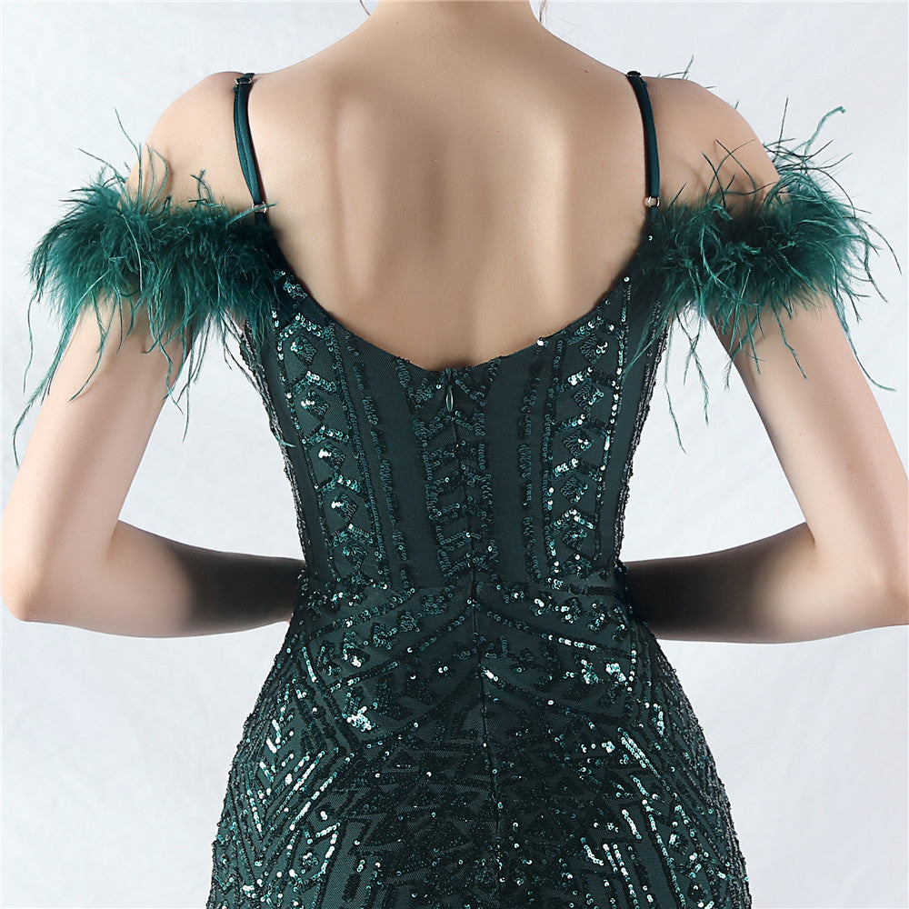 Strap V-Neck Feather Formal Party Evening Dress 34