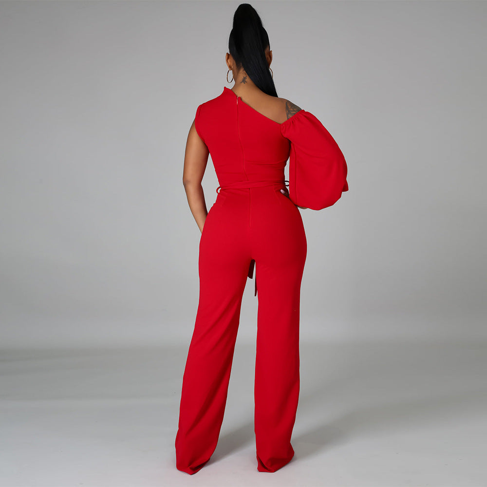 Women Solid Color One Shoulder Wide Leg Jumpsuit 8