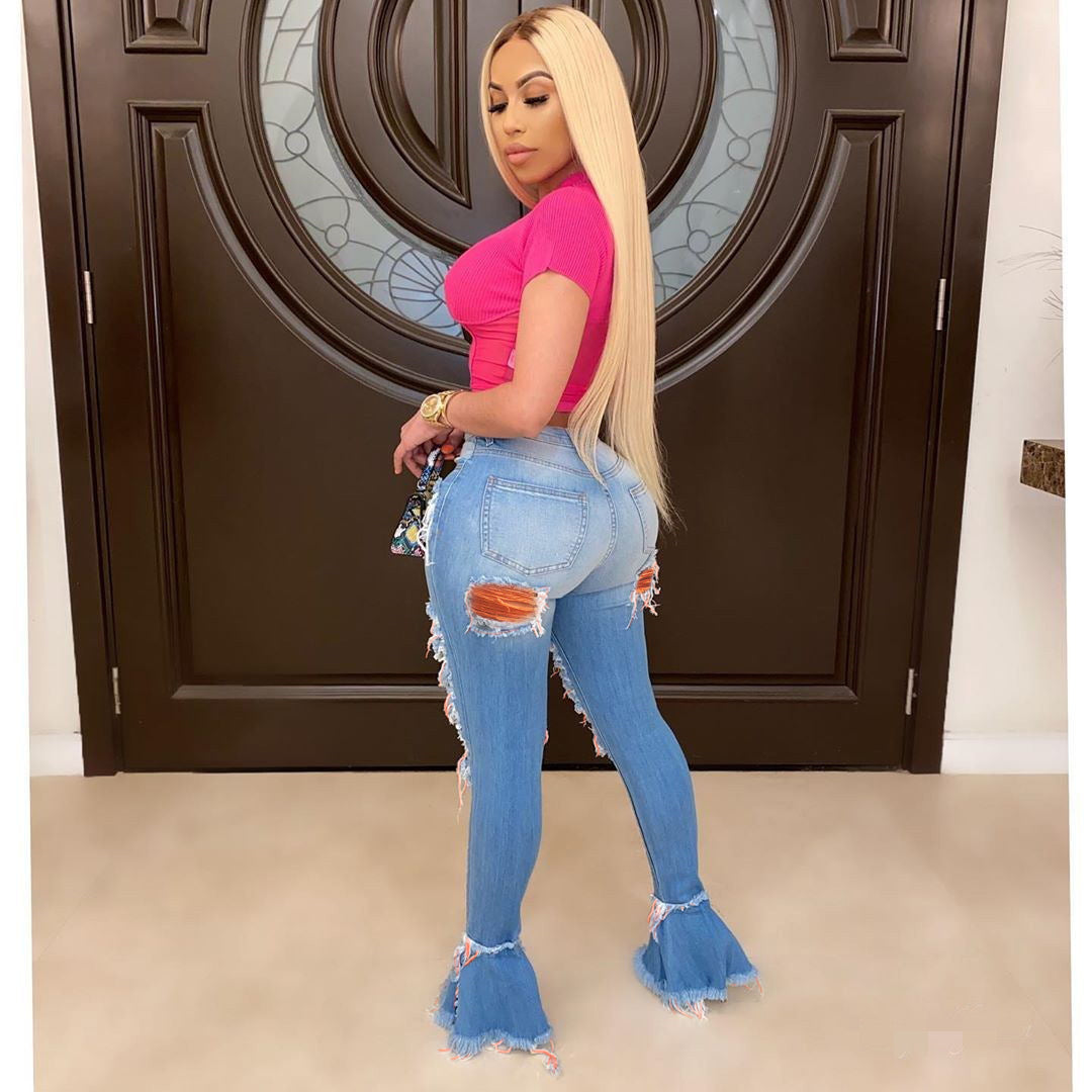 Women Ripped Tassel Denim Bell Bottom Pants 4