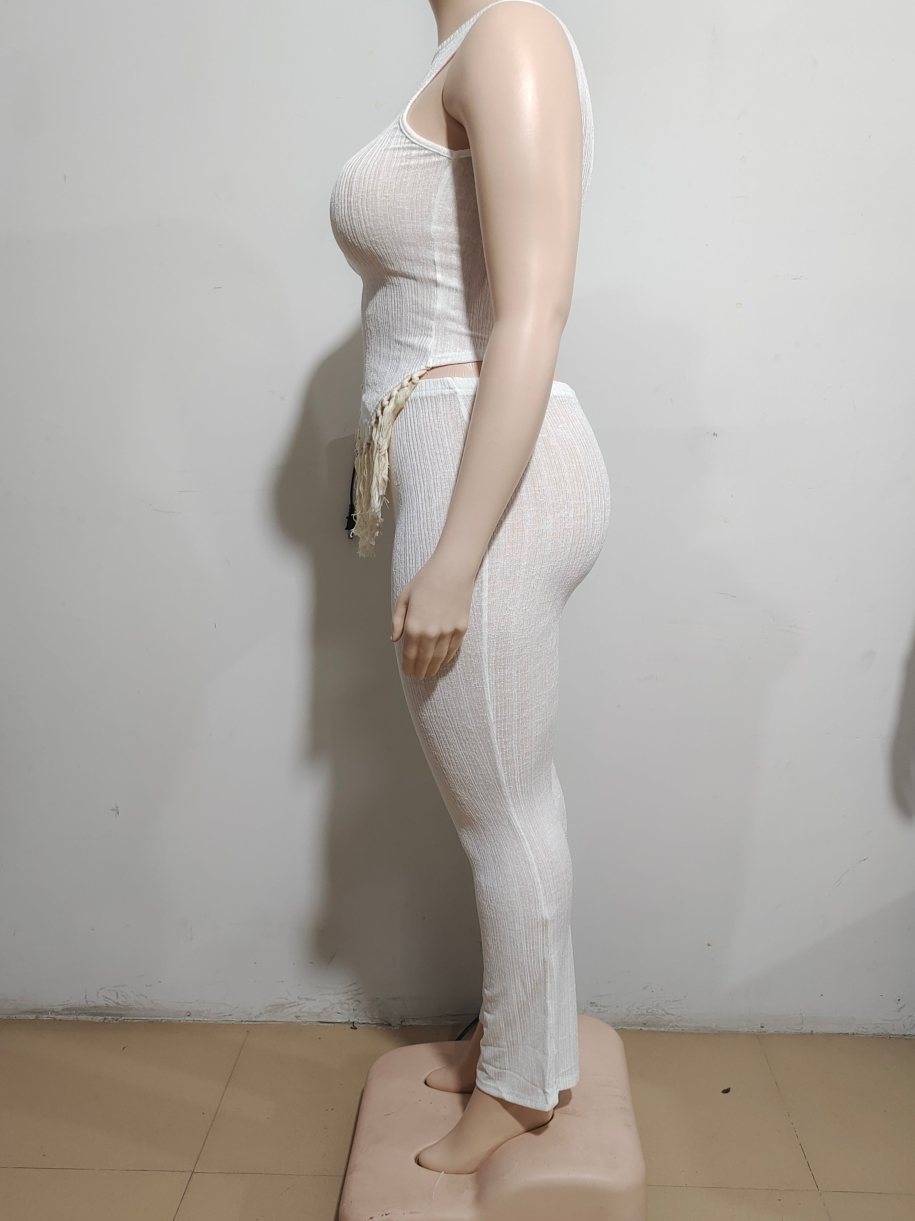 Women's Casual Set Irregular Fringe Sleeveless Tank Top High Waist Pants Set 10