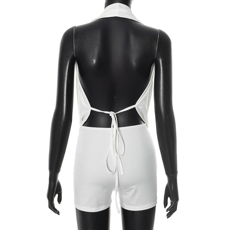 Women's Sexy Draped Neck Halter Neck Low Back Top Tight Fitting Shorts Two-Piece Set 8