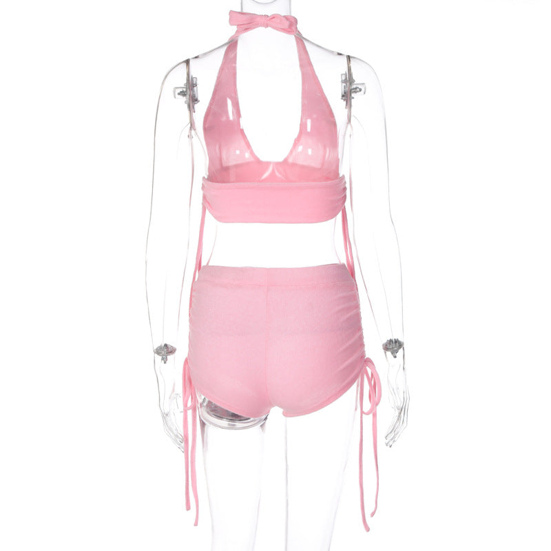 Summer Women's Sexy Halter Neck Wrapped Bust Slim Fit Ruched Shorts Two Piece Fashion Set 11