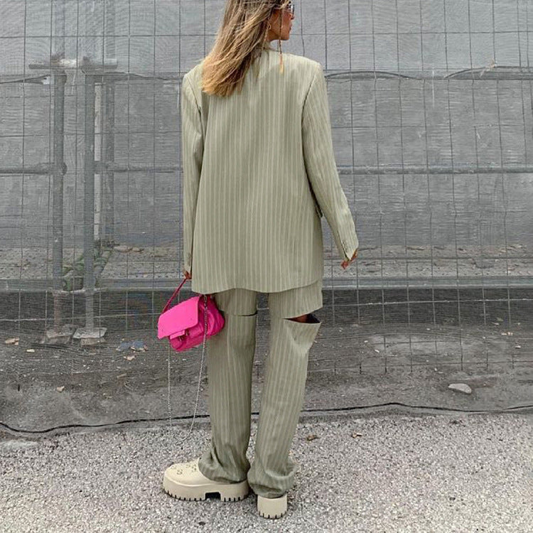 Fashion Striped Loose Women's Spring Autumn Casual Blazer Trousers Two-Piece Set 5