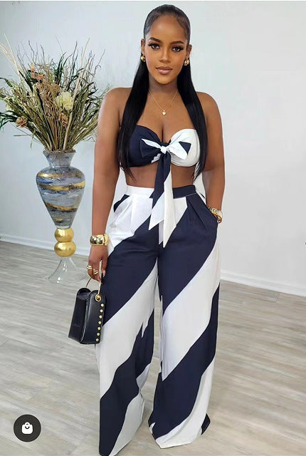Women's Sexy Fashion Printed Strapless Two Piece Loose Wide Leg Pants Set