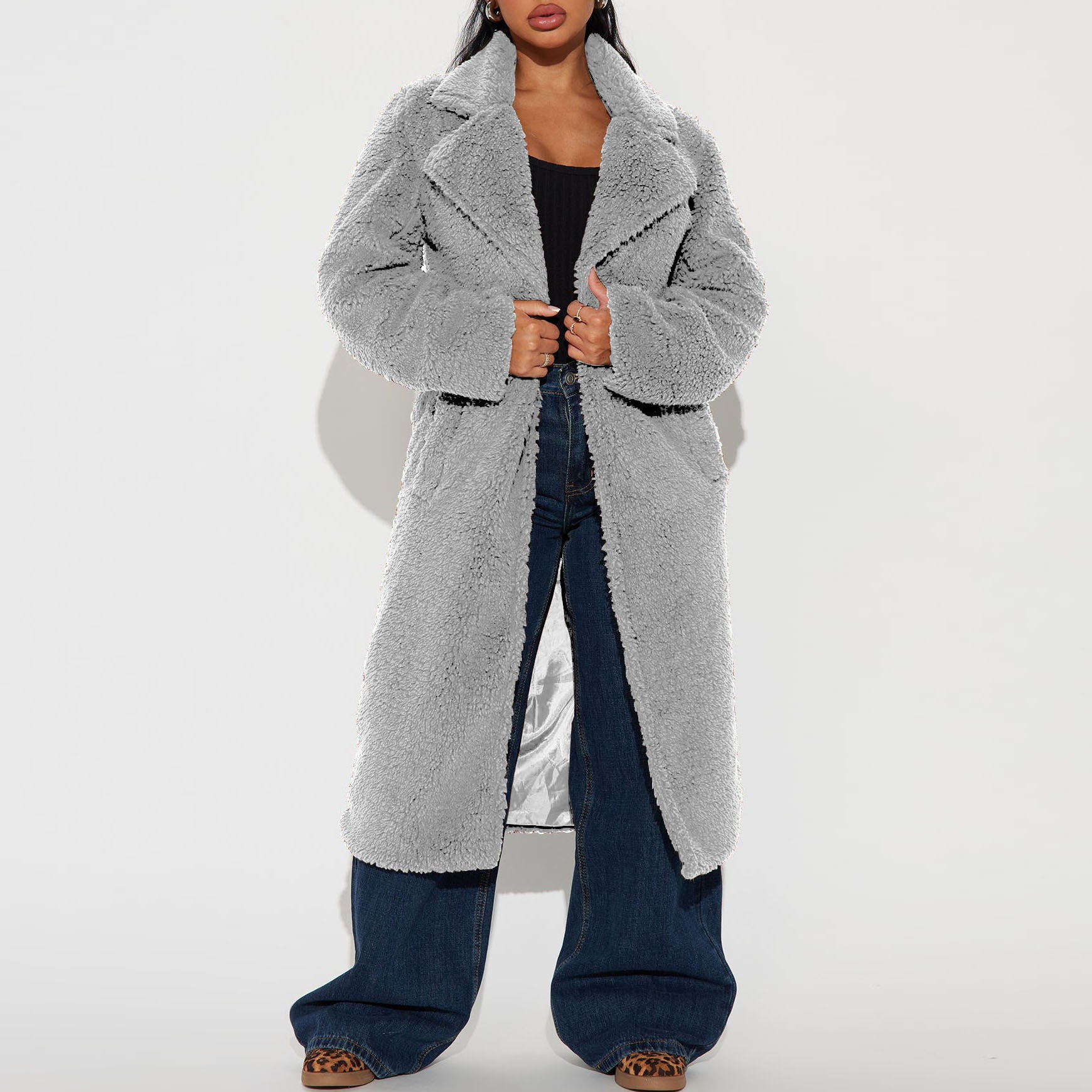 Autumn Winter Loose Faux Fur Long Trench Coat For Women 3