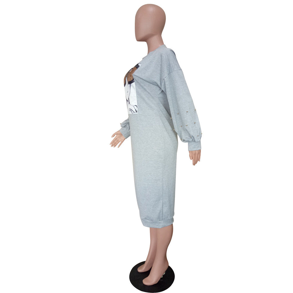 Women autumn and winter bubble sleeve beaded long-sleeved dress 5