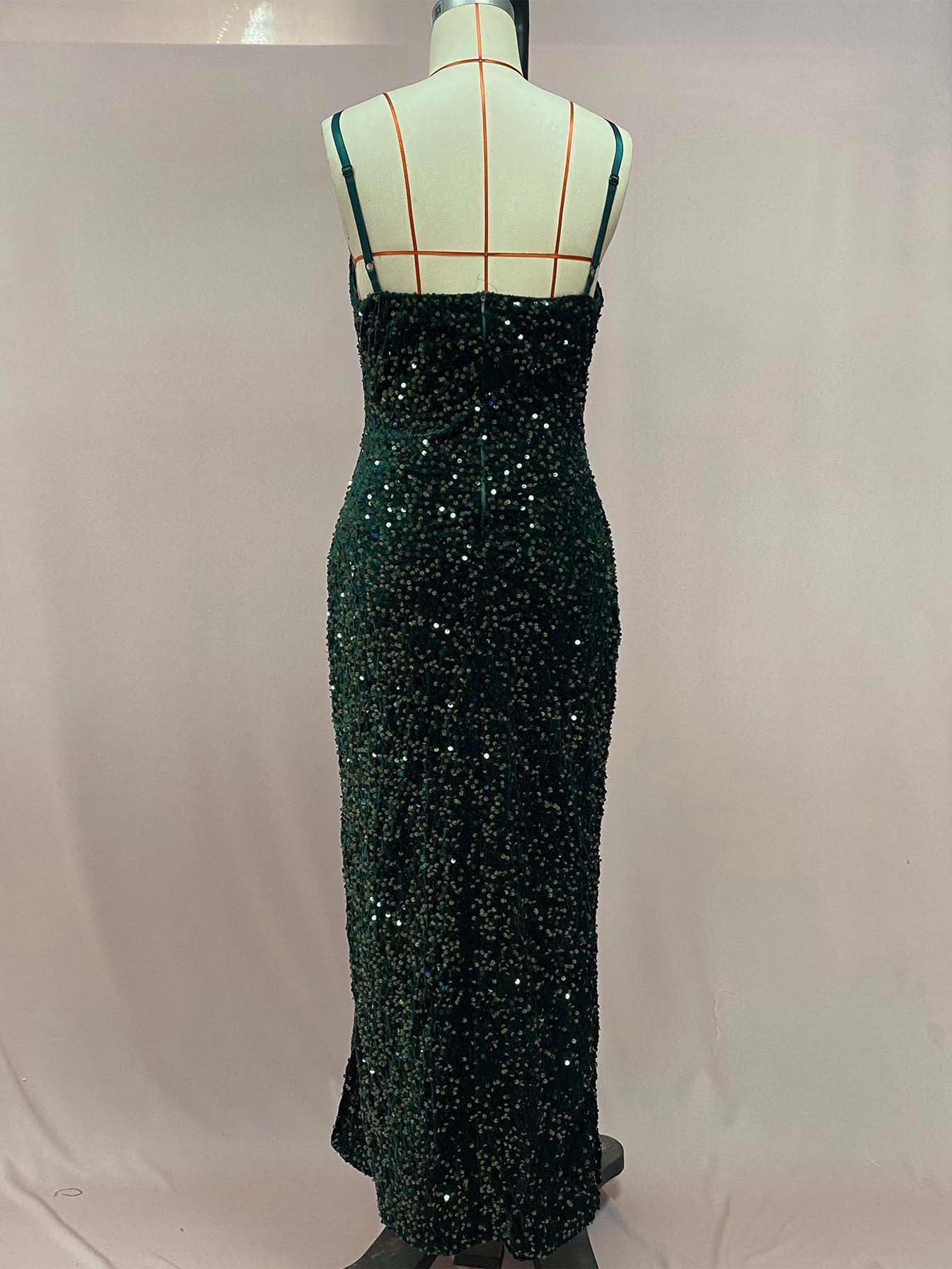 Summer Women's High Waist Sexy Fashion Straps Sequin Slit Dress 15