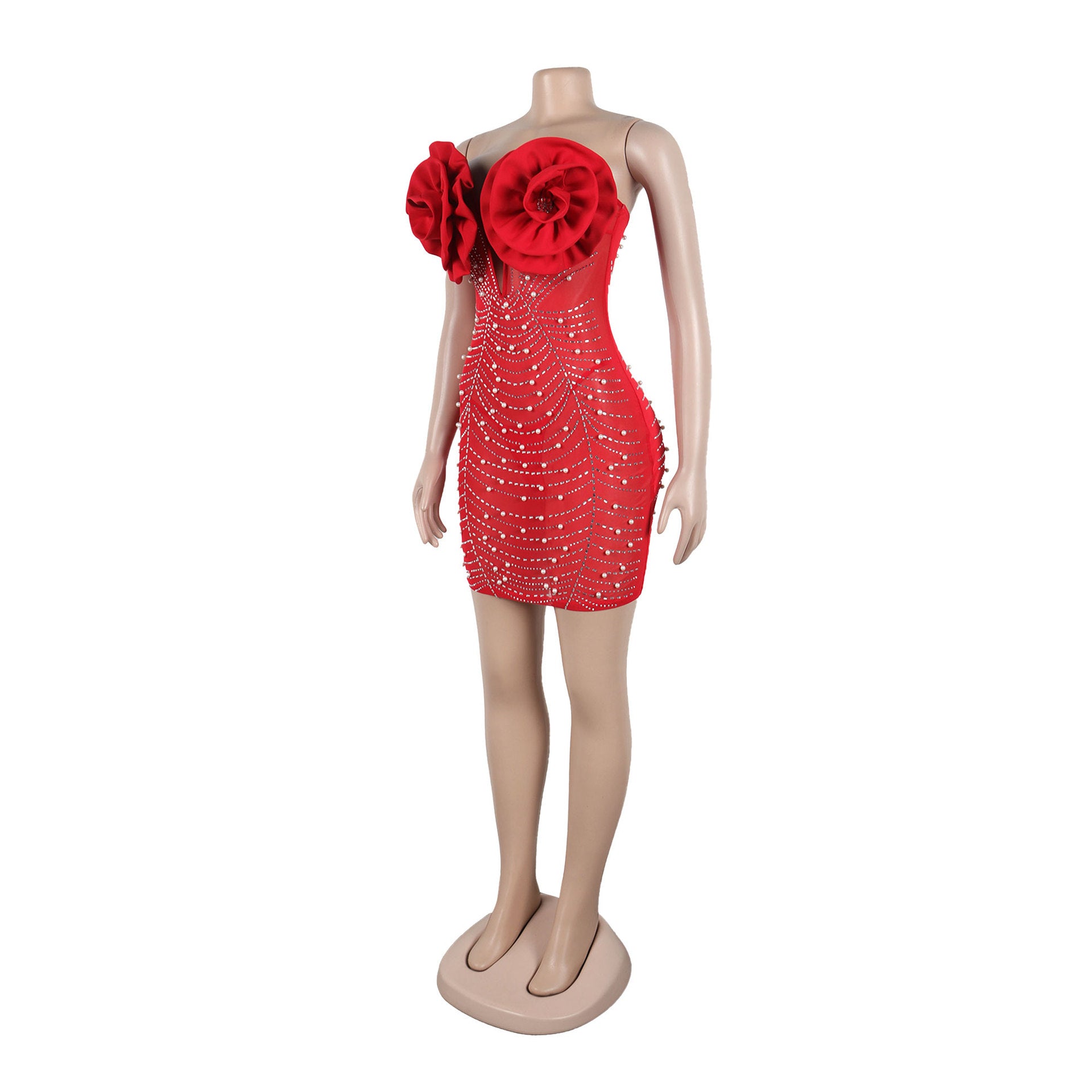Women Sexy Beaded Pearl V Neck Flower Dress 8