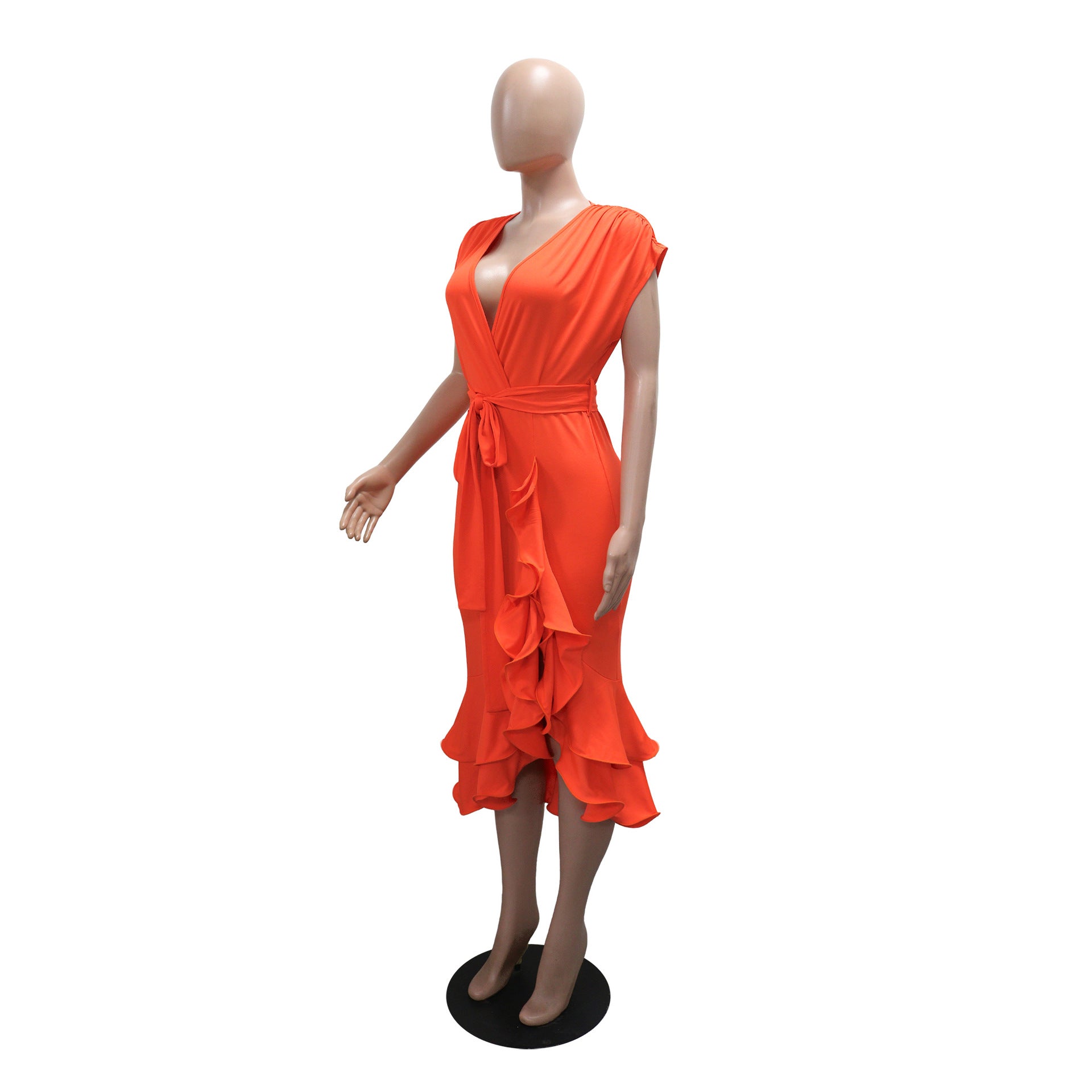 Sexy Deep V-Neck Solid Color Ruffled Asymmetric Belt Dress with Loose Sleeves for Women 6