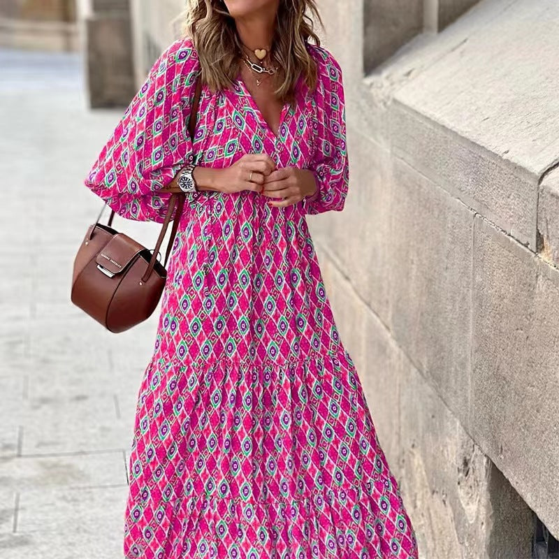 Women Summer Geometric Patch Puff Sleeve Dress 13