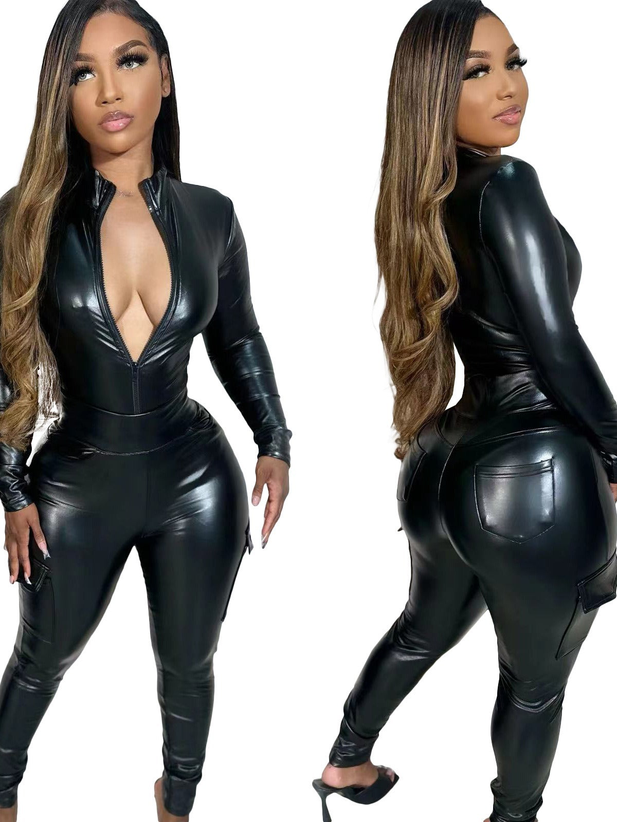 Women Solid Stretch PU-Leather Zipper Top and Pant Two-piece Set 6